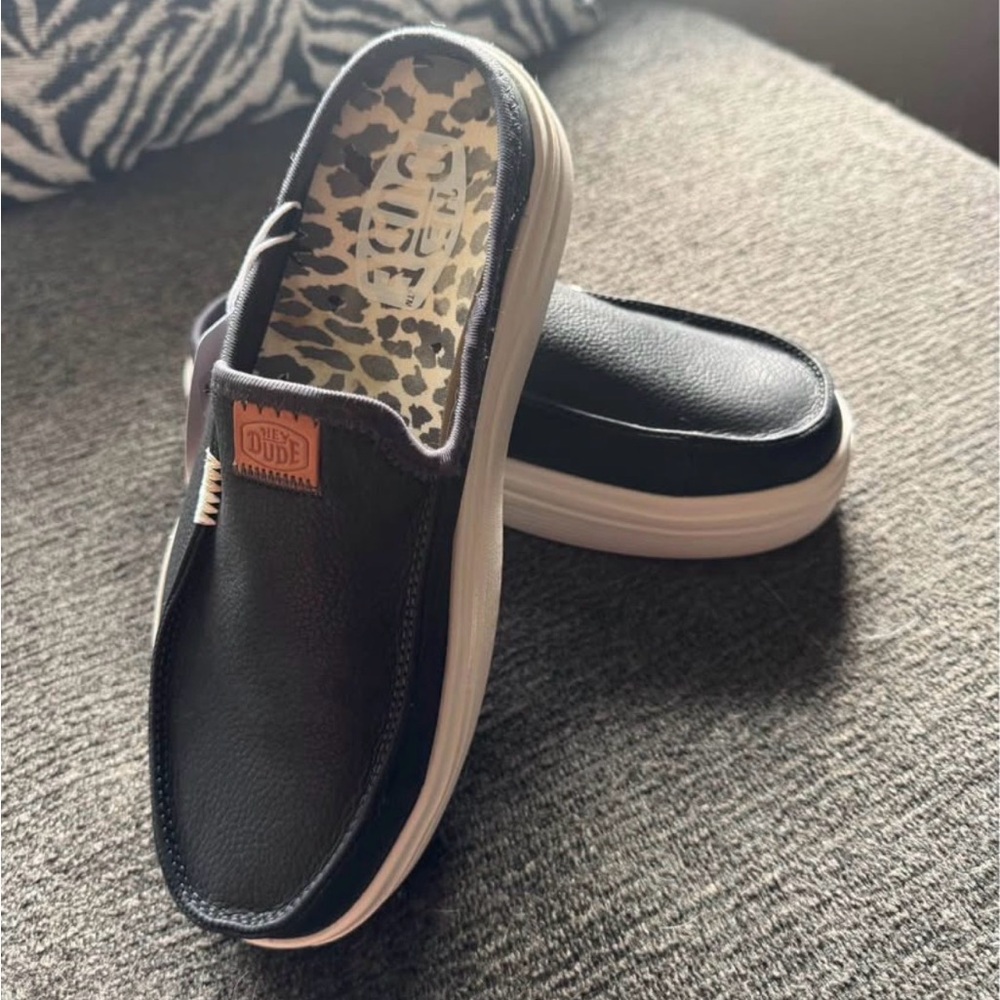 Hey Dude Black Slip-Ons with Leopard Insole